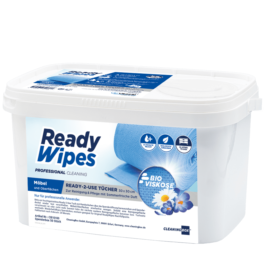 CleaningBox 5-in-1 Kompostierbare ReadyWipes Möbel & Oberflächen 50er Spenderbox Blau, 30x30 cm