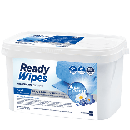 CleaningBox 5-in-1 Kompostierbare ReadyWipes Möbel & Oberflächen 50er Spenderbox Blau, 30x30 cm