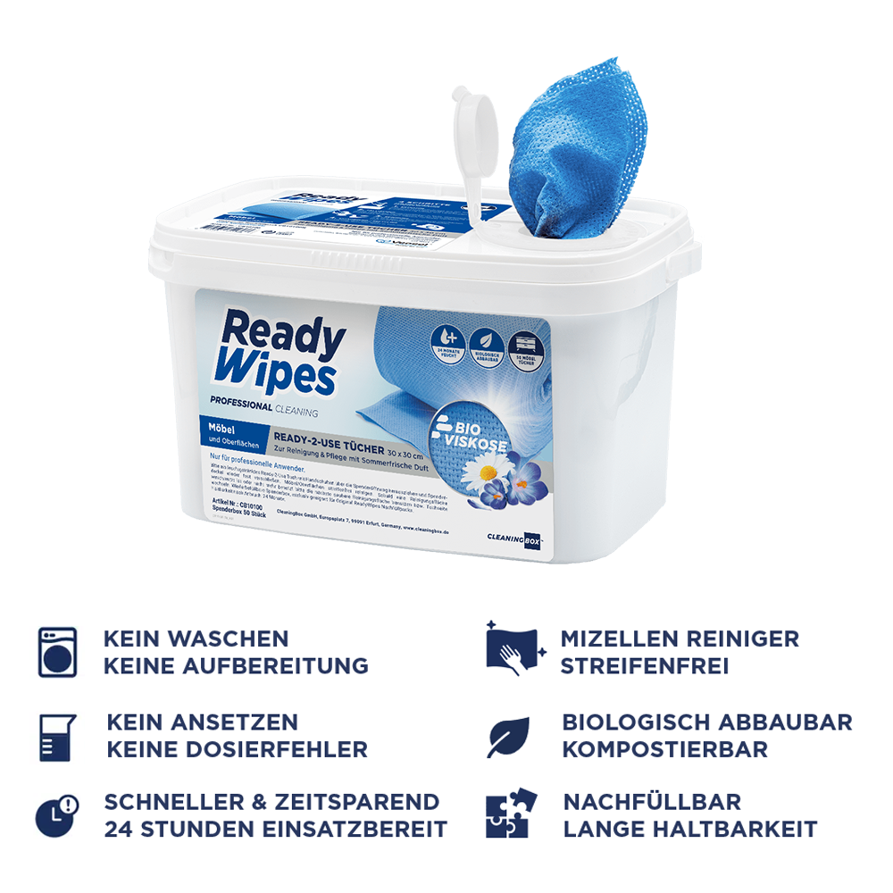 CleaningBox 5-in-1 Kompostierbare ReadyWipes Möbel & Oberflächen 50er Spenderbox Blau, 30x30 cm