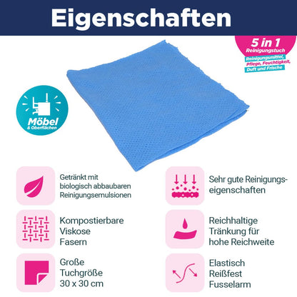CleaningBox 5-in-1 Kompostierbare ReadyWipes Möbel & Oberflächen 50er Spenderbox Blau, 30x30 cm