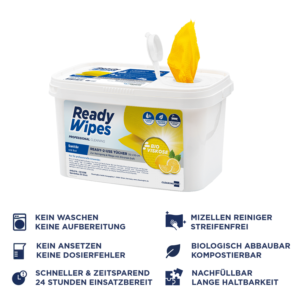 CleaningBox 5-in-1 Kompostierbare ReadyWipes Sanitär & Bad 50er Nachfüller Gelb, 30x30 cm (Kopie)