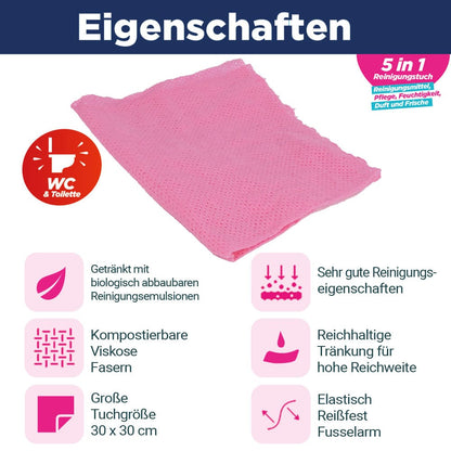 CleaningBox 5-in-1 Kompostierbare ReadyWipes WC & Toilette 50er Spenderbox Rot, 30x30 cm