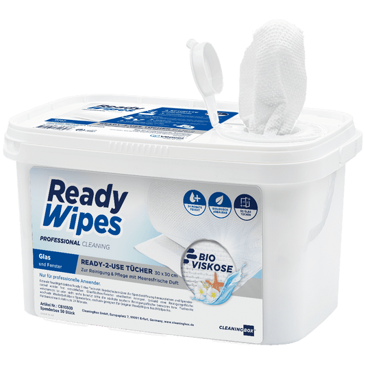 CleaningBox 5-in-1 Kompostierbare ReadyWipes Glas & Fenster 50er Spenderbox Weiß, 30x30 cm