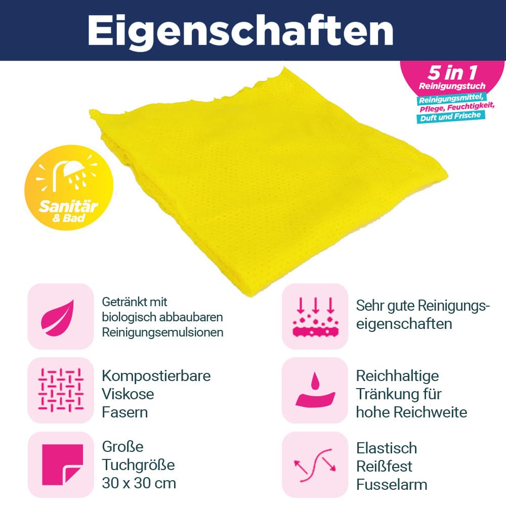CleaningBox 5-in-1 Kompostierbare ReadyWipes Sanitär & Bad 50er Nachfüller Gelb, 30x30 cm (Kopie)